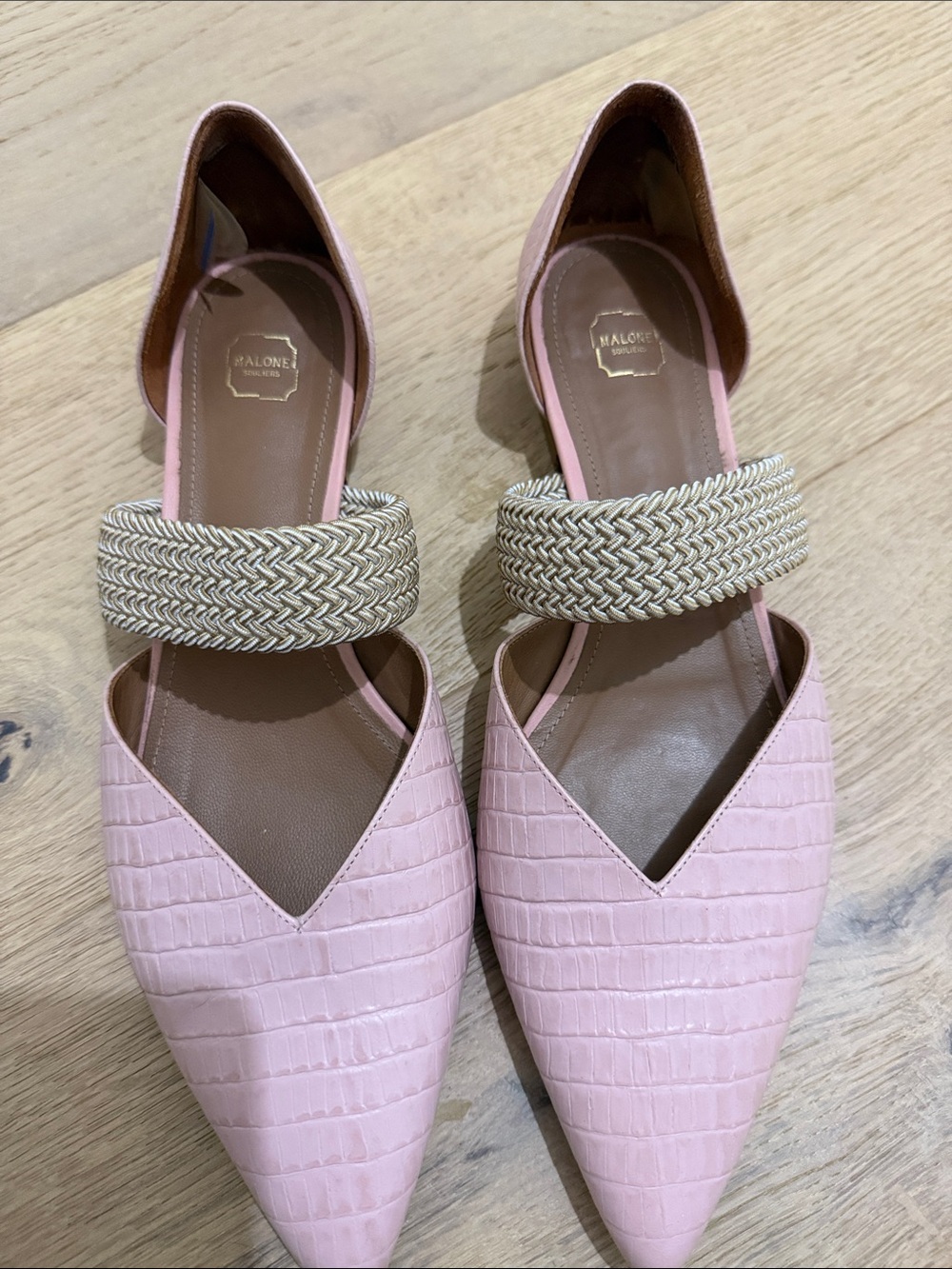 Malone Souliers Blush Croc-Embossed Pointed Flats with Braided Strap